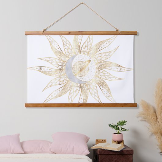 Modern White Gold Sun Moon Planet Universe Mandala Hangend Wandkleed (Slaapkamer)