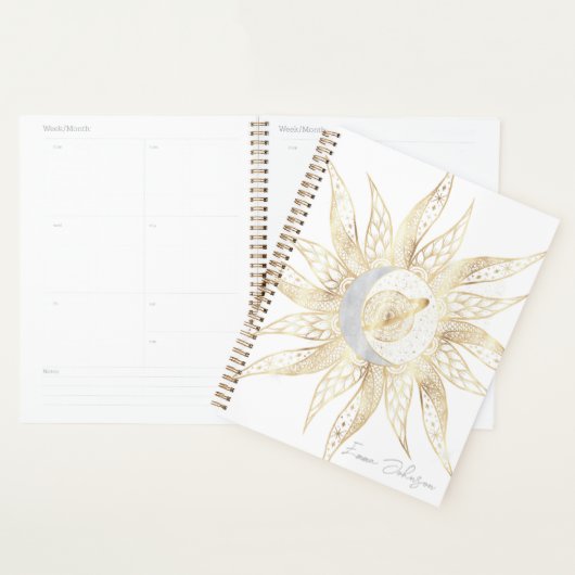 Modern White Gold Sun Moon Planet Universe Mandala Planner (Display)