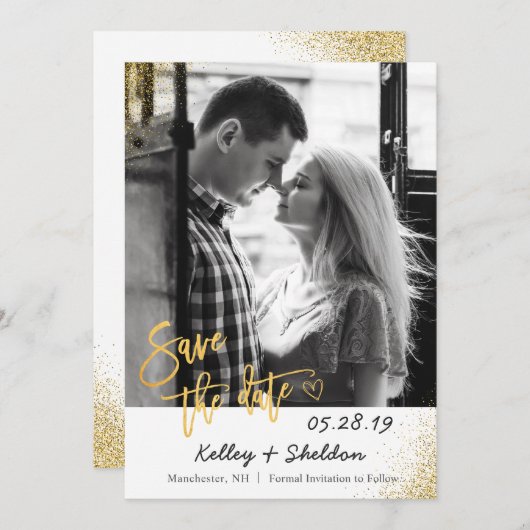 Modern White & Gold Wedding Save the Date Photo (Voorkant / Achterkant)