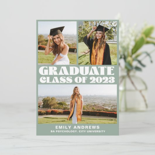 Modern White & Green 3 Photo Afstudeerder Party Kaart (Staand voorkant)