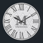 Modern White & Grey Art Deco Roman Numerieke Naam Grote Klok<br><div class="desc">Klokduur van de rendy muur met een modern wit en grijs pijlontwerp met grote zwarte romacijfers en gepersonaliseerd monogram. De achtergrondkleur is lichtgrijs maar kan worden aangepast.</div>
