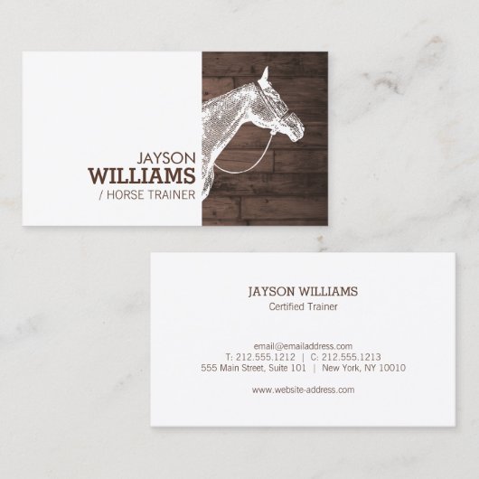 Modern White Horse Motief op Rustieke Bruine Houtk Visitekaartje (Voorkant / Achterkant)