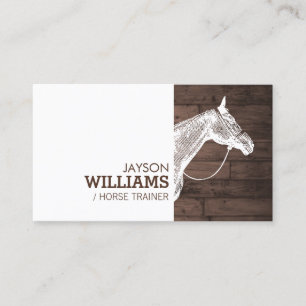 Modern White Horse Motif op Rustic Brown Woodgrain Visitekaartje