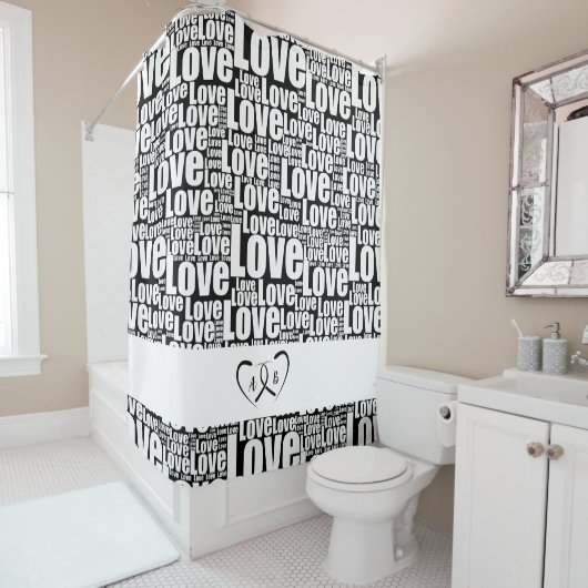 Modern White Love Typography & Entwined Hearts Douchegordijn (In situ)