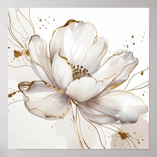 Modern White Magnolia Gold Line Art Floral Wedding Poster (Voorkant)