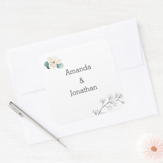 Modern White Magnolia Wedding Envelope Seal Vierkante Sticker (Envelop)