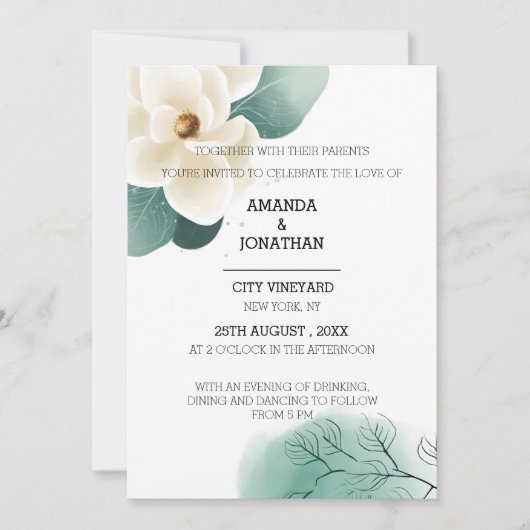 Modern White Magnolia Wedding Kaart (Voorkant)