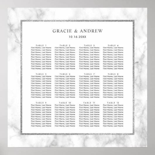 Modern White Marble Wedding Seating Chart Poster (Voorkant)