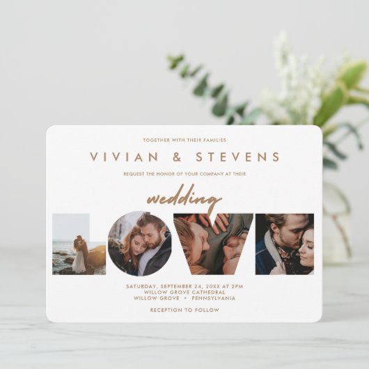 Modern White Minimalist Love Photos Wedding Kaart (Staand voorkant)