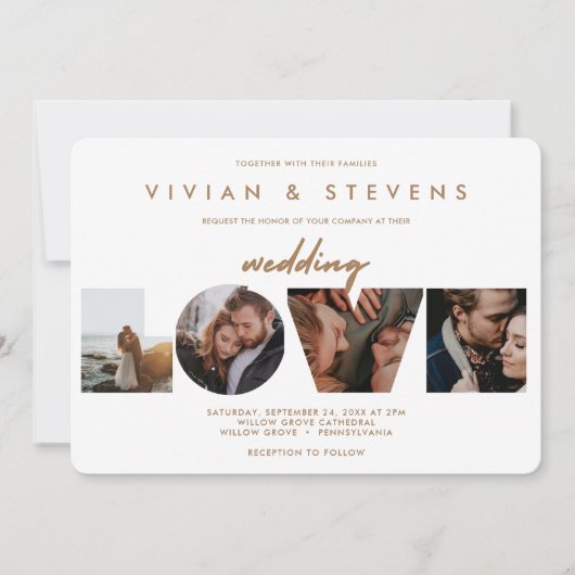 Modern White Minimalist Love Photos Wedding Kaart (Voorkant)