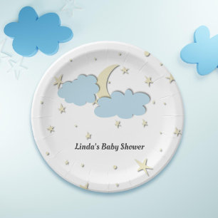 Modern White Moon & Stars Elegant Baby shower Papieren Bordje