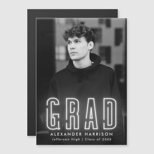 Modern White Neon Vertical Photo Afstuderen Magnetische Uitnodiging (Voorkant / Achterkant)