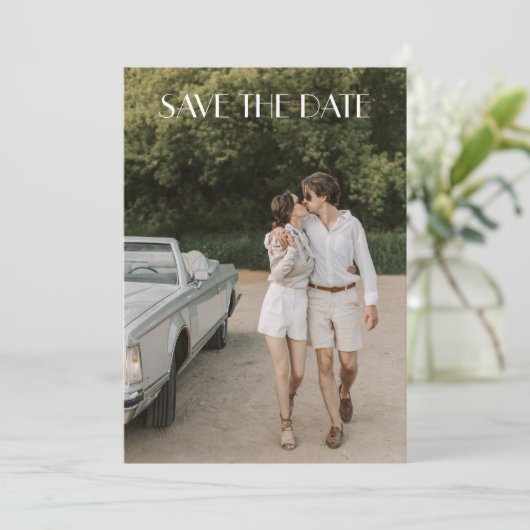 Modern White Overlay Art Deco Two Photo Wedding Save The Date (Staand voorkant)