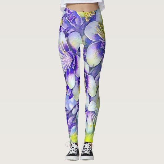 Modern White Paarse Cherry Blossom Waterverf Leggings (Voorkant)
