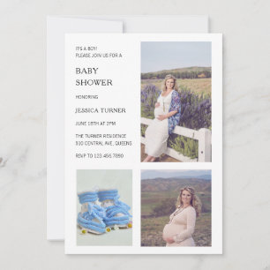 Modern White Photo Collage Boy Baby shower Kaart