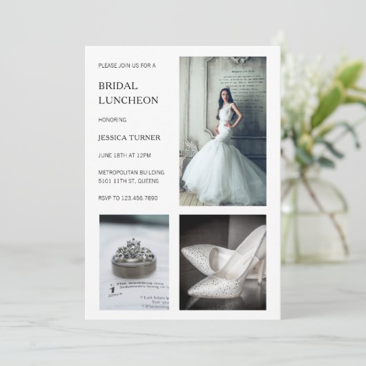 Modern White Photo Collage Bridal Luncheon Kaart (Staand voorkant)