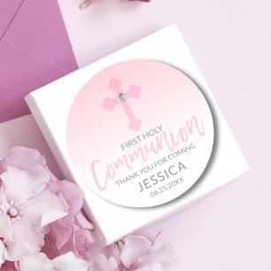Modern White Pink Cross COMMUNION Girl Dank je Ronde Sticker