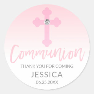 Modern White Pink Cross COMMUNION Girl Dank je Ronde Sticker