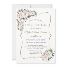 Modern White Pink Flowers Gold Frame Sweet 16 