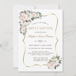 Modern White Pink Flowers Gold Frame Sweet 16  Kaart
