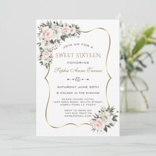 Modern White Pink Flowers Gold Frame Sweet 16  Kaart (Staand voorkant)