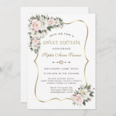 Modern White Pink Flowers Gold Frame Sweet 16  Kaart (Voorkant / Achterkant)