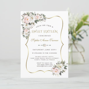 Modern White Pink Flowers Gold Frame Sweet 16  Kaart