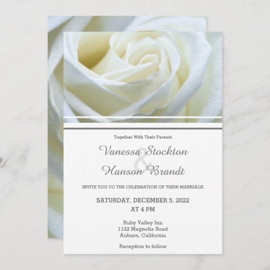 Modern White Rose Wedding Invitation Kaart (Voorkant / Achterkant)