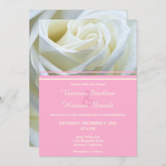 Modern White Rose Wedding Invitation Kaart (Voorkant / Achterkant)