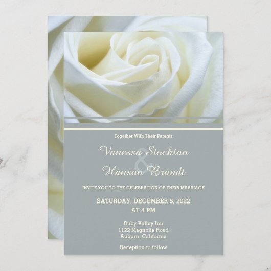Modern White Rose Wedding Invitation Kaart (Voorkant / Achterkant)