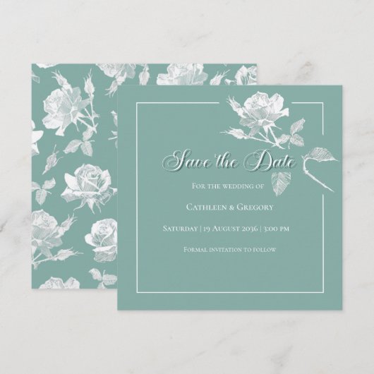 Modern White Roses Sage Green Floral Wedding Save The Date (Voorkant / Achterkant)