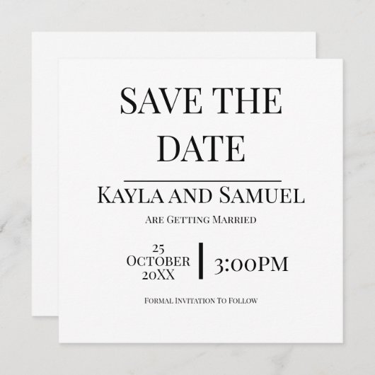 Modern White Save The Date Card with Black Text (Voorkant / Achterkant)