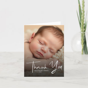 Modern White Script Baby Fotodoop Bedankkaart