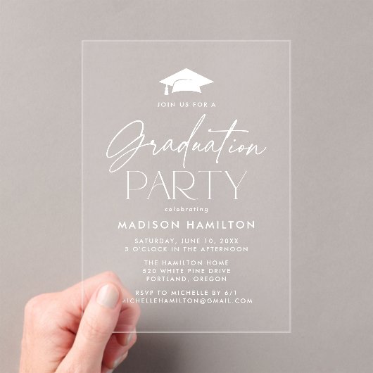 Modern White Script Graduation Party Acryl Uitnodigingen (Insitu (Draagbaar))