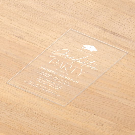 Modern White Script Graduation Party Acryl Uitnodigingen (Laagn)