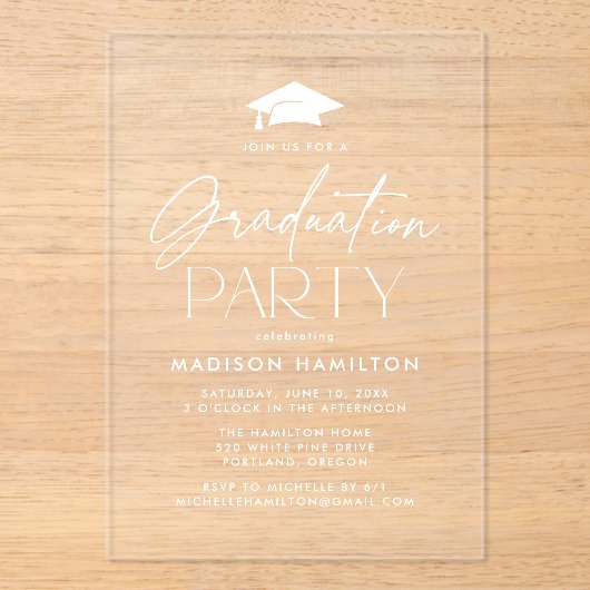 Modern White Script Graduation Party Acryl Uitnodigingen (Voorkant)
