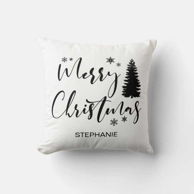 Modern White Script "Merry Kerstmis" en koortsboom Kussen (Voorkant)