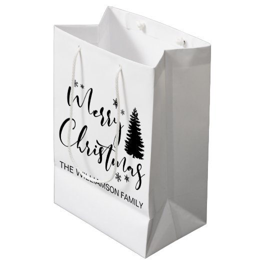 Modern White Script "Merry Kerstmis" en koortsboom Medium Cadeauzakje (Voorkant Gekanteld)