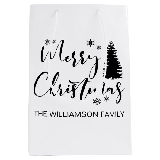 Modern White Script "Merry Kerstmis" en koortsboom Medium Cadeauzakje (Voorkant)