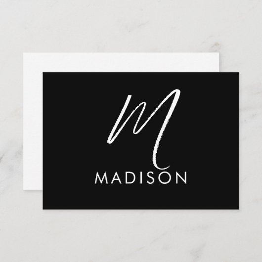 Modern White Script Monogram Initiaal Minimal Blac Notitiekaartje (Voorkant / Achterkant)