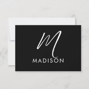 Modern White Script Monogram Initiaal Minimal Blac Notitiekaartje