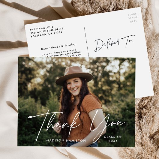 Modern White Script Photo Afstuderen Bedankt Briefkaart