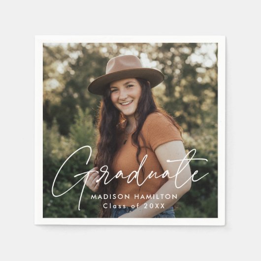 Modern White Script Photo Afstuderen Servet (Voorkant)