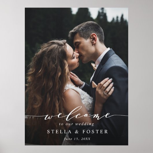 Modern White Script Photo Weddenschap Welkomstteke Poster (Voorkant)