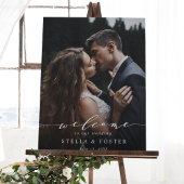 Modern White Script Photo Weddenschap Welkomstteke Poster