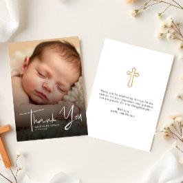 Modern White Script Religieuze Baby Foto doop Bedankkaart