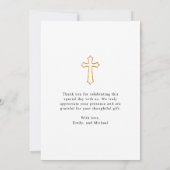 Modern White Script Religieuze Baby Foto doop Bedankkaart (Achterkant)