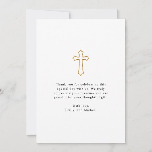 Modern White Script Religieuze Baby Foto doop Bedankkaart (Achterkant)