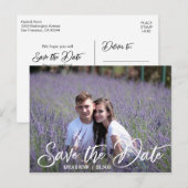 Modern White Script Wedding SAVE THE DATE | FOTO Aankondigingskaart (Voorkant / Achterkant)