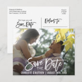 Modern White Script Wedding SAVE THE DATE w / FOTO Aankondigingskaart (Voorkant / Achterkant)